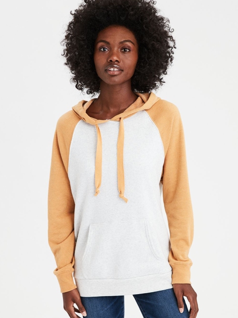 

AMERICAN EAGLE OUTFITTERS Women Off-White Solid Hooded Sweatshirt