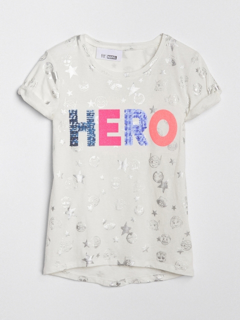 

Gap Girls Off-White Printed Kids & Marvel Roll-Sleeve T-Shirt