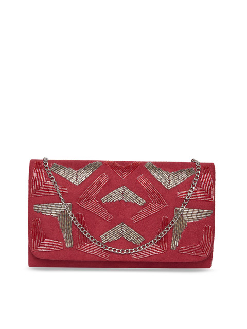 

Tarusa Maroon & Silver-Toned Embellished Suede Sling Bag