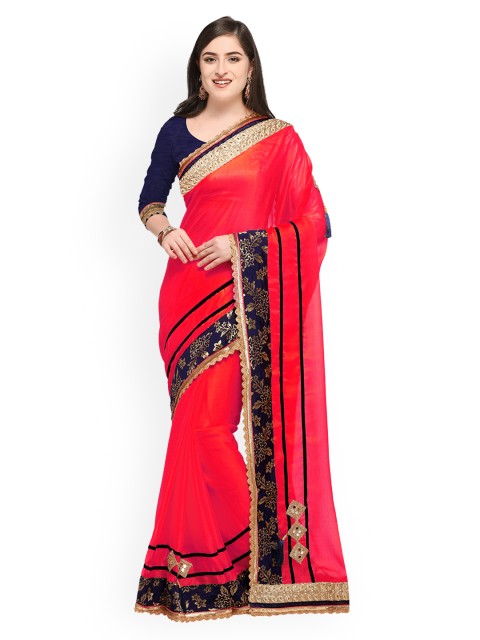 

Mitera Pink & Blue Poly Chiffon Solid Saree