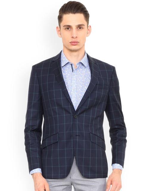 

SIMON CARTER LONDON Men Blue Checked Single-Breasted Formal Blazer