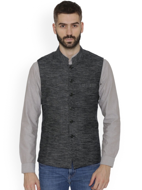 

NEUDIS Men Black Self-Design Pure Cotton Nehru Jacket