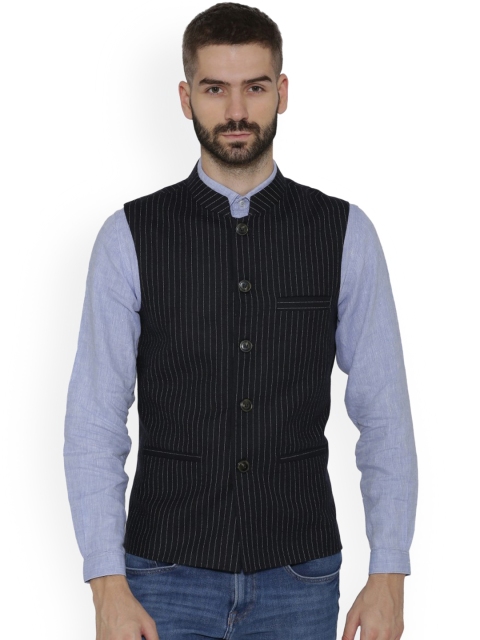 

NEUDIS Men Black Striped Woollen Nehru Jacket