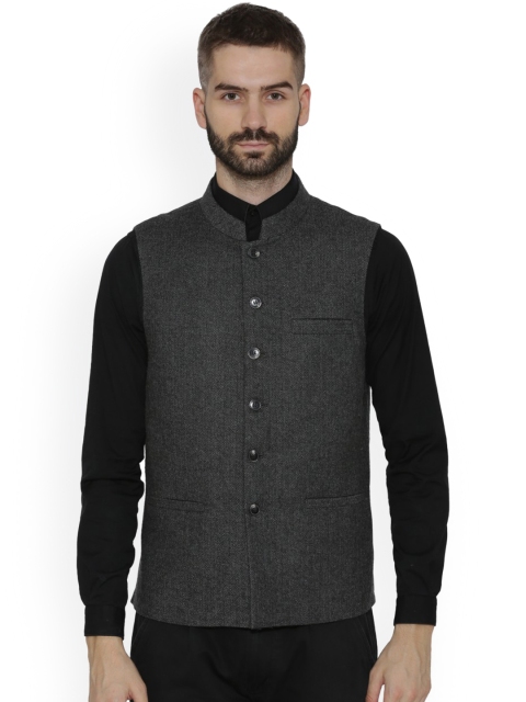 

NEUDIS Men Charcoal Black Self-Design Woollen Nehru Jacket