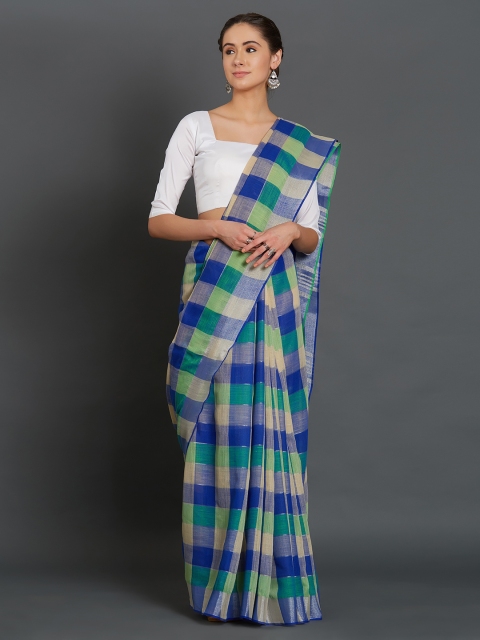 

Mitera Blue & Off-White Silk Cotton Checked Saree