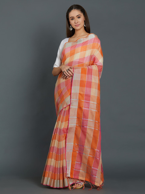 

Mitera Orange & Pink Silk Cotton Checked Saree
