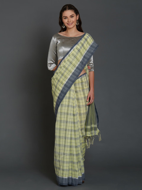 

Mitera Lime Green & Grey Silk Cotton Checked Saree