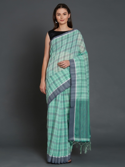 

Mitera Sea Green & Grey Silk Cotton Checked Saree