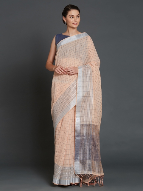 

Mitera Peach-Coloured & Black Silk Cotton Checked Saree