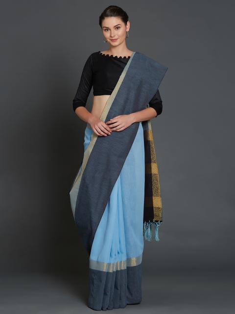 

Mitera Blue & Charcoal Grey Silk Cotton Solid Saree