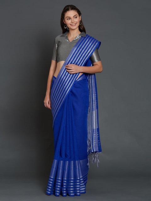 

Mitera Blue & Silver Coloured Silk Cotton Striped Saree