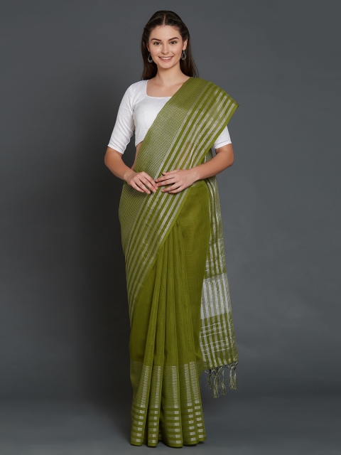 

Mitera Green & Silver Coloured Silk Cotton Striped Saree