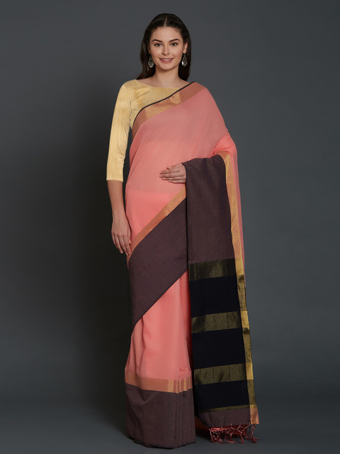 

Mitera Peach-Coloured & Charcoal Grey Silk Cotton Solid Saree