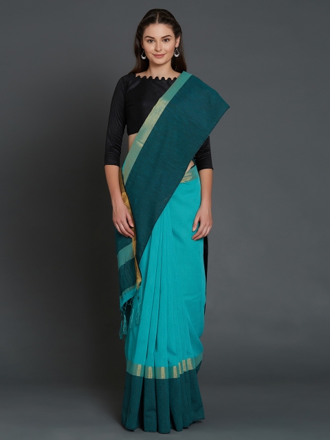 

Mitera Turquoise Blue & Teal Green Silk Cotton Solid Saree
