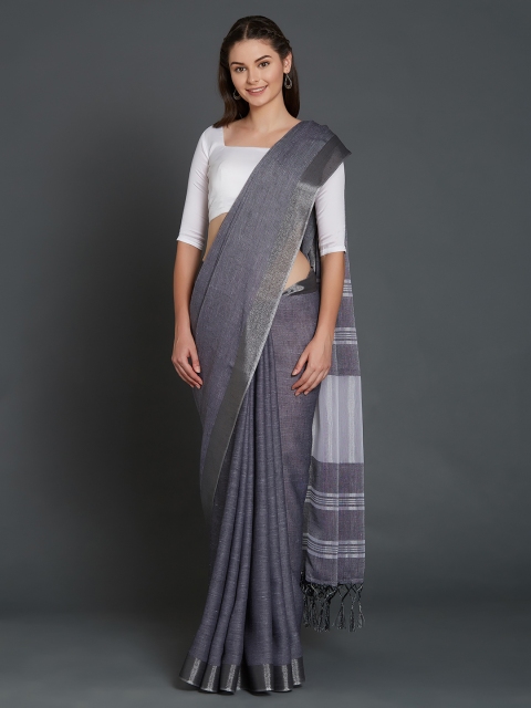 

Mitera Grey & Silver-Coloured Silk Cotton Solid Saree