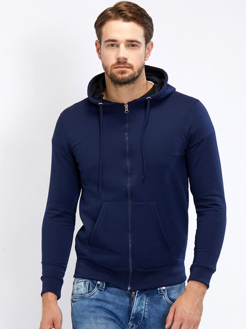 

Maniac Men Navy Blue Solid Hooded Sweatshirt