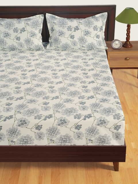 

SWAYAM Off-White & Green Floral Flat 300 TC Cotton Bedsheet with 2 Pillow Covers
