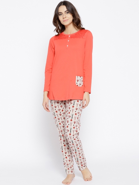 

Sweet Dreams Women Coral Orange & Cream-Coloured Printed Night suit