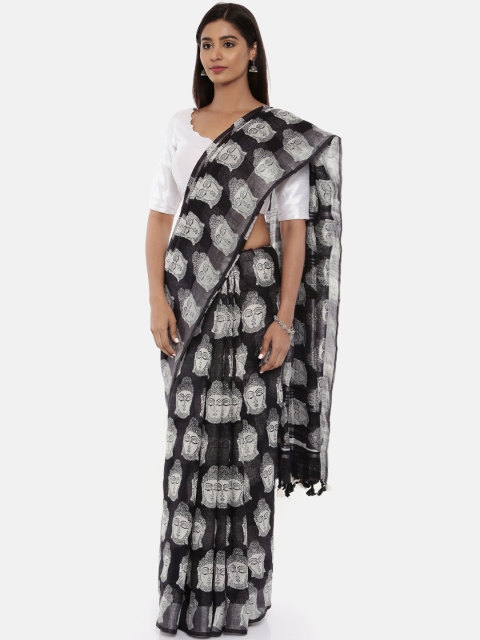 

gocoop Black & White Printed Jute Cotton Saree