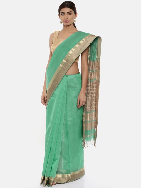 

gocoop Green Silk Cotton Striped Maheshwari Saree