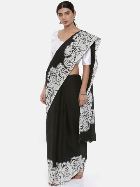 

gocoop Black & White Pure Cotton Printed Saree