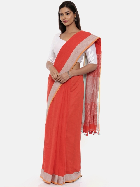 

gocoop Coral Red Pure Cotton Solid Khadi Saree