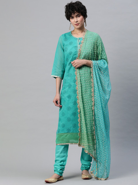 

Rangriti Women Green Ethnic Motifs Printed Pure Cotton Kurta with Churidar & With Dupatta