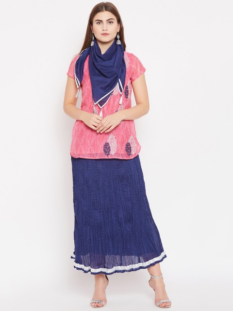 

Rangriti Women Pink & Navy Blue Printed Kurti with Skirt & Scarf