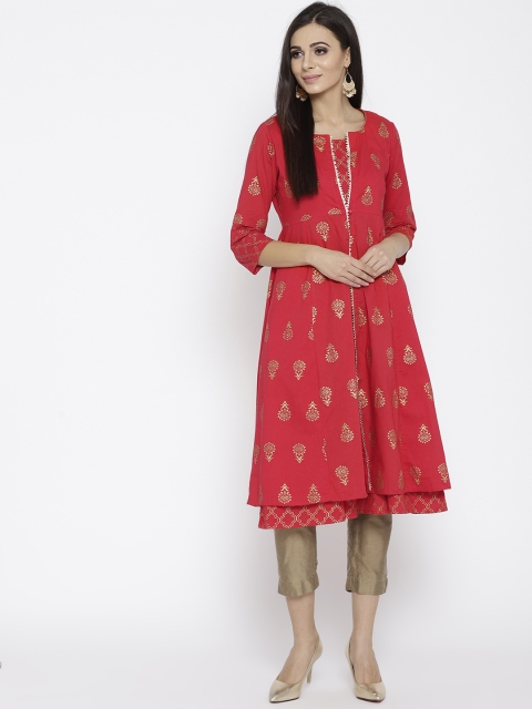 

Rangriti Women Red & Golden Printed Layered A-Line Kurta