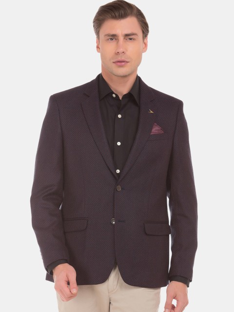 

Arrow Navy Blue & Rust Red Body-Tailored Fit Self-Design Single-Breasted Formal Blazer
