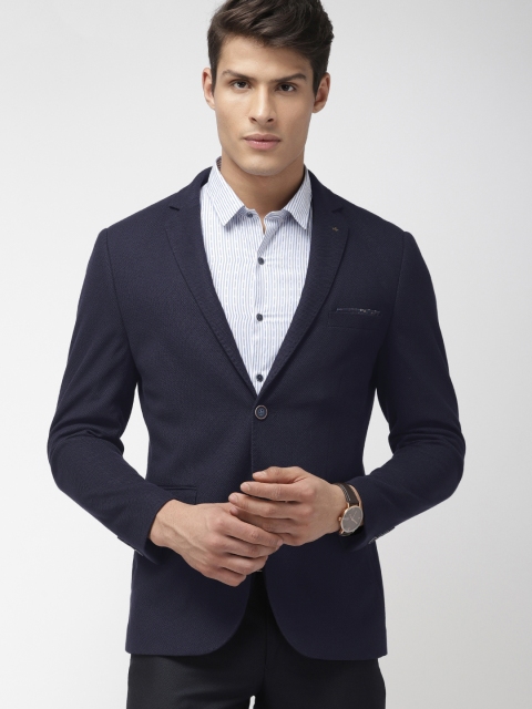 

Arrow Men Navy Blue Self-Design Single-Breasted Zero Calorie Fit Formal Blazer