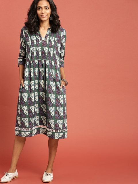 

Taavi Women Blue Printed A-Line Sustainable Dress