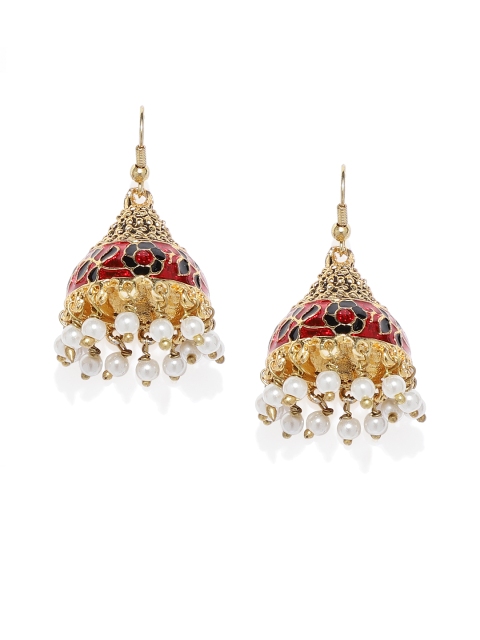 

Spargz Gold-Plated Red Dome Shaped Meenakari Jhumkas
