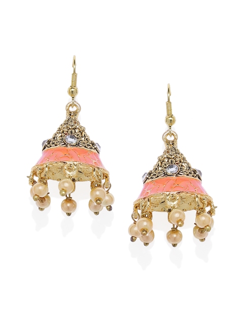 

Spargz Gold-Plated Orange Dome Shaped Meenakari Jhumkas