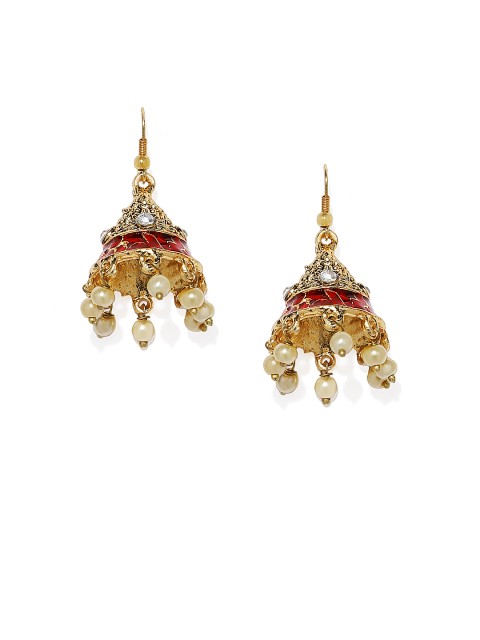 

Spargz Gold-Toned & Red Dome Shaped Jhumkas