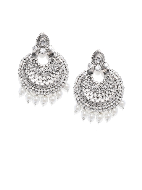 

Spargz Silver-Toned & White Crescent Shaped Drop Earrings