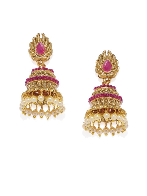 

Spargz Gold-Toned & Red Dome Shaped Jhumkas