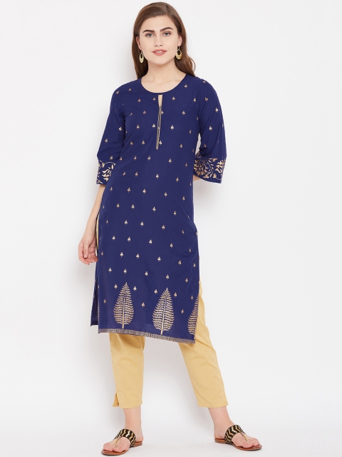 

Rangriti Women Navy Blue Printed Straight Kurta