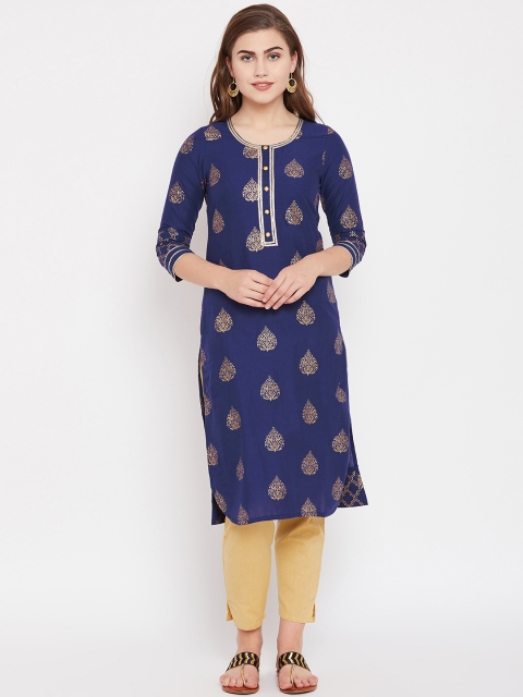 

Rangriti Women Navy Blue & Golden Printed Straight Kurta