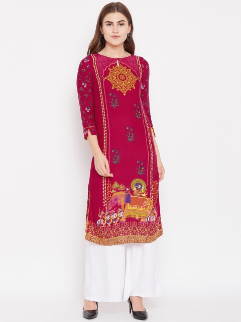 

Rangriti Women Magenta & Mustard Yellow Quirky Print Straight Kurta