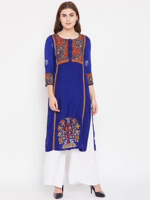 

Rangriti Women Blue Printed Straight Kurta