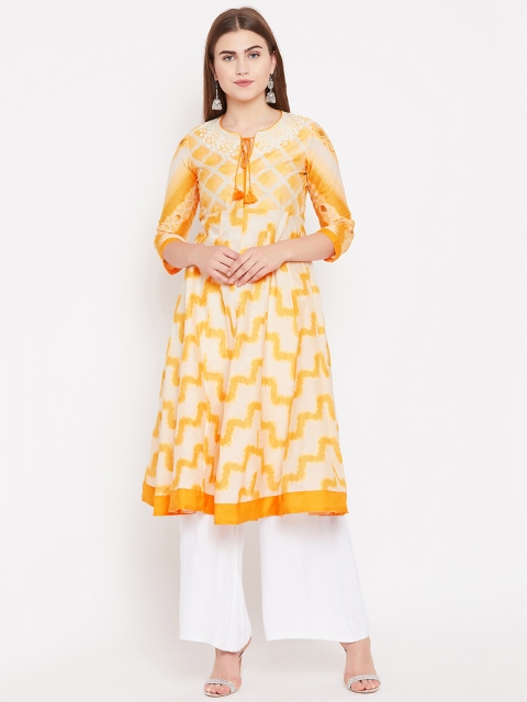 

Rangriti Women Off-White & Yellow Printed A-Line Kurta