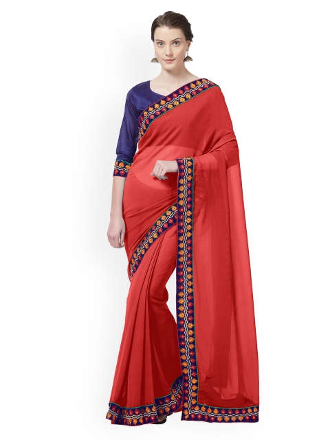 

Mirchi Fashion Red Solid Poly Chiffon Saree