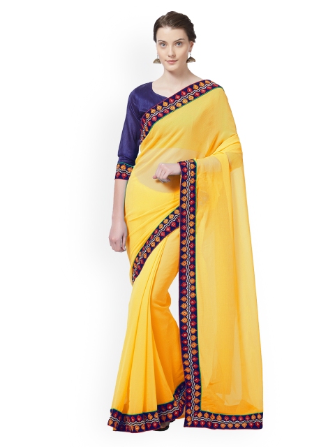 

Mirchi Fashion Yellow Solid Poly Chiffon Saree