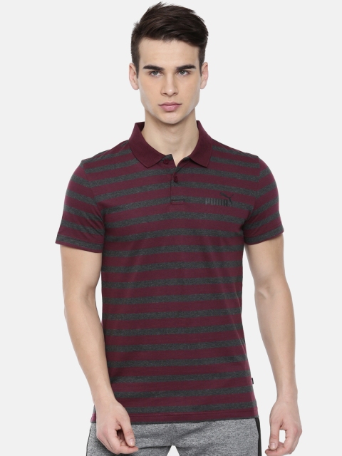 

Puma Men Burgundy Grey Slim Fit Striped Elevated ESS Stripe J.Polo Collar Pure Cotton T-shirt