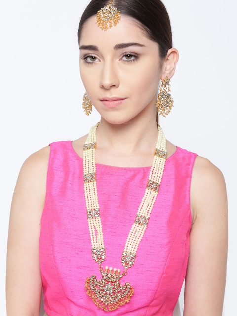 

Priyaasi Off-White Gold-Plated Kundan-Studded Multistranded Jewellery Set