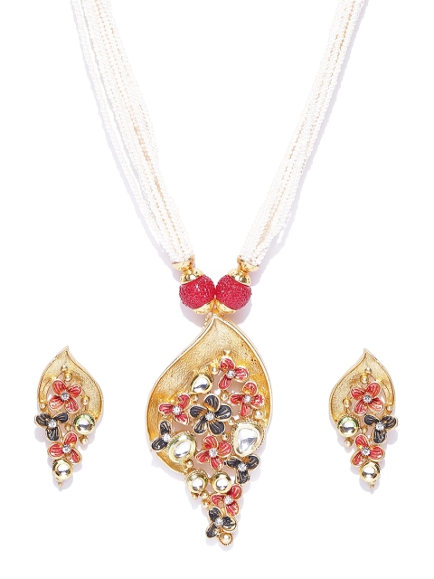 

Priyaasi Off-White Gold-Plated Kundan-Studded Floral Multistranded Jewellery Set