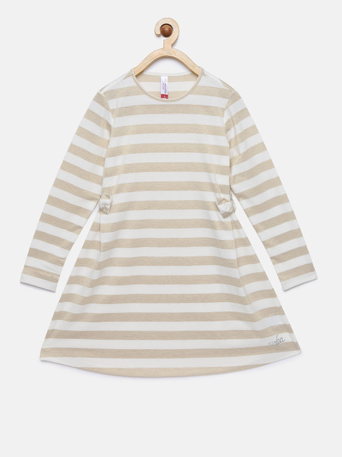 

U.S. Polo Assn. Kids Girls White & Beige Striped Fit and Flare Dress