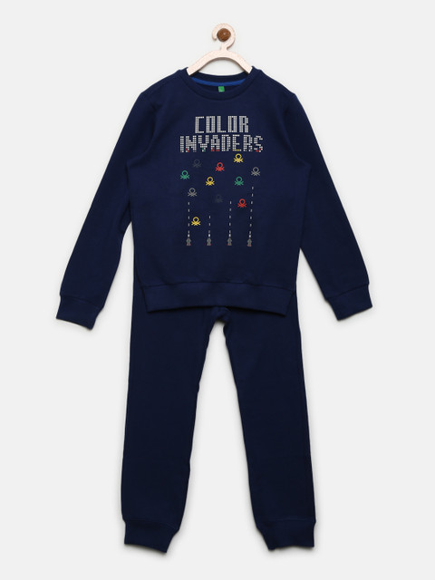 

United Colors of Benetton Boys Navy Blue Printed Sweatshirt with Joggers