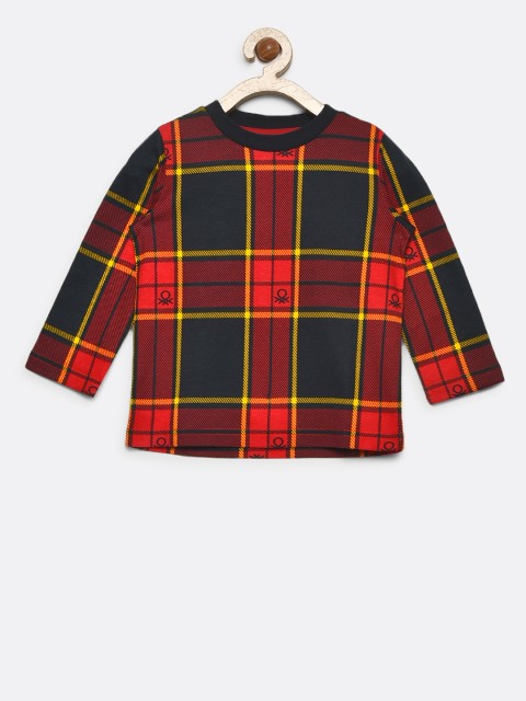 United Colors of Benetton Boys Red & Navy Checked Round Neck T-shirt